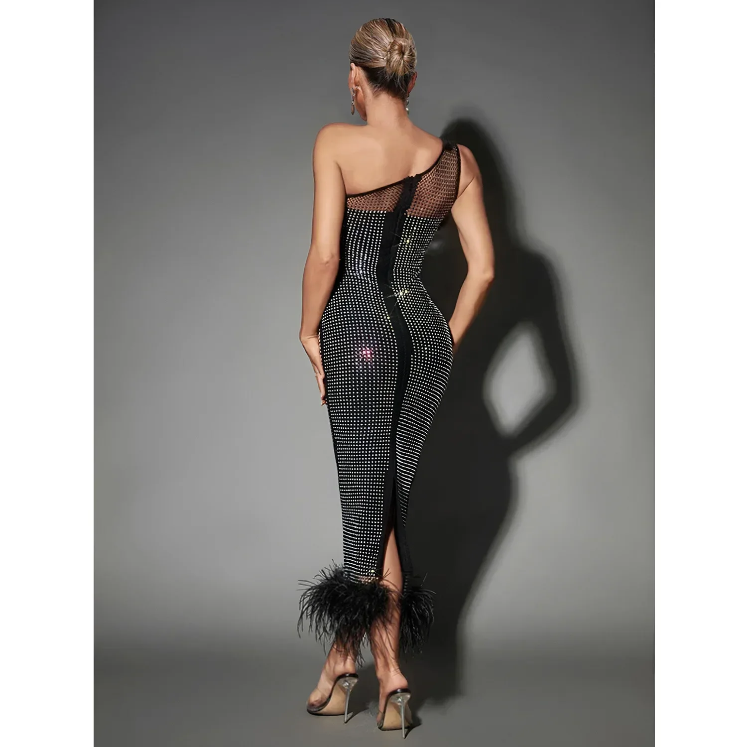 Fashion Women\'s Wear Single Shoulder Mesh Rhinestone Feather Bandage One Piece Dress Sleeveless Evening Formal Dress