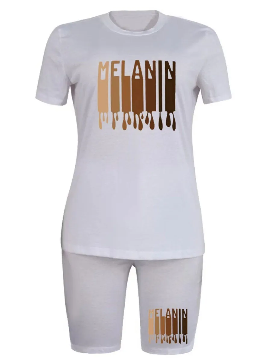 LW Gradient melaniny list spodenki z nadrukiem zestaw Crewneck z krótkim rękawem T-shirt i Skinny Casual spodnie kobiety lato 2 sztuk stroje garnitury