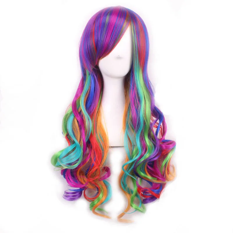 日本の原宿スタイルグリーンウィッグカラフルな輸出女性ロングカーリーヘアサイド前髪かつら全頭かつらビッグウェーブ合成繊維