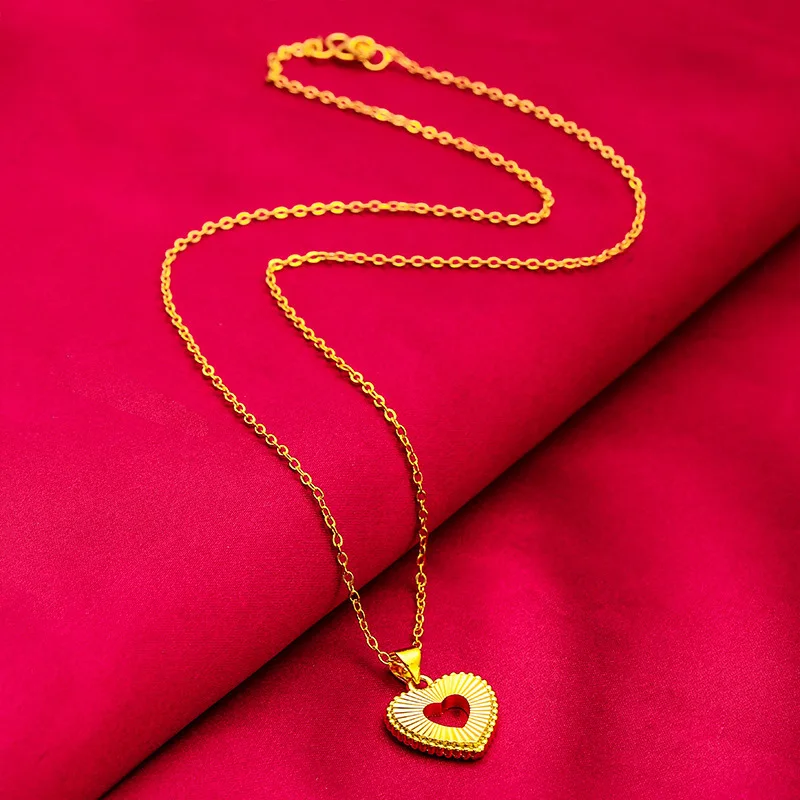 

24K Gold AU999 Women's Hollow Heart Necklace - 3D Double-Layer Hollow Heart + Polished Chain, Luxury Sweet Flattering Charm