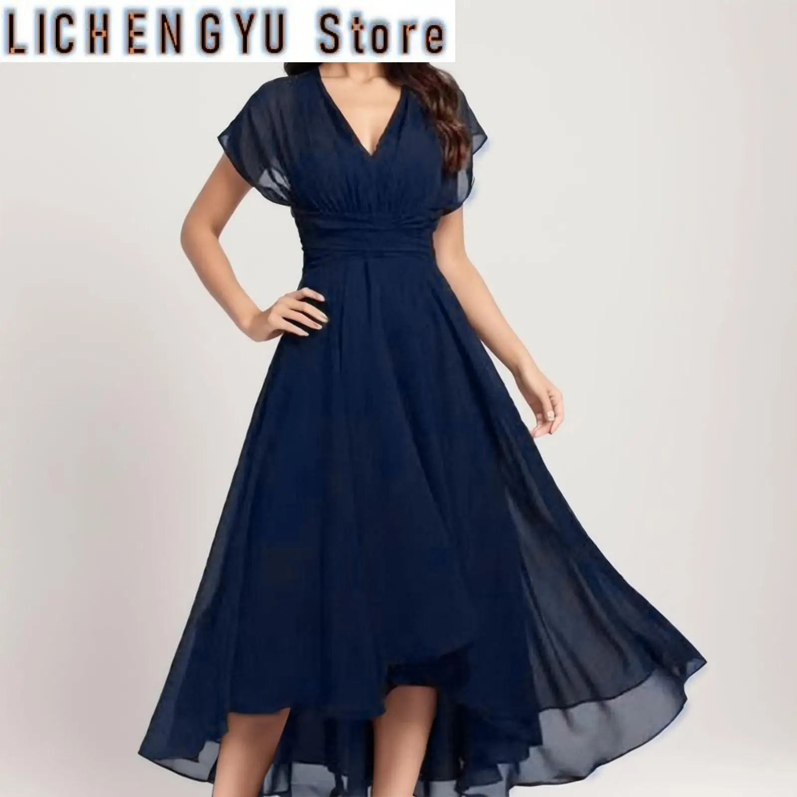 

Womens Dresses Wedding Party Bridesmaid Elegant V Neck Chiffon Dress Slim High Waist Flutter Sheer Mesh Sleeve Long Dresses