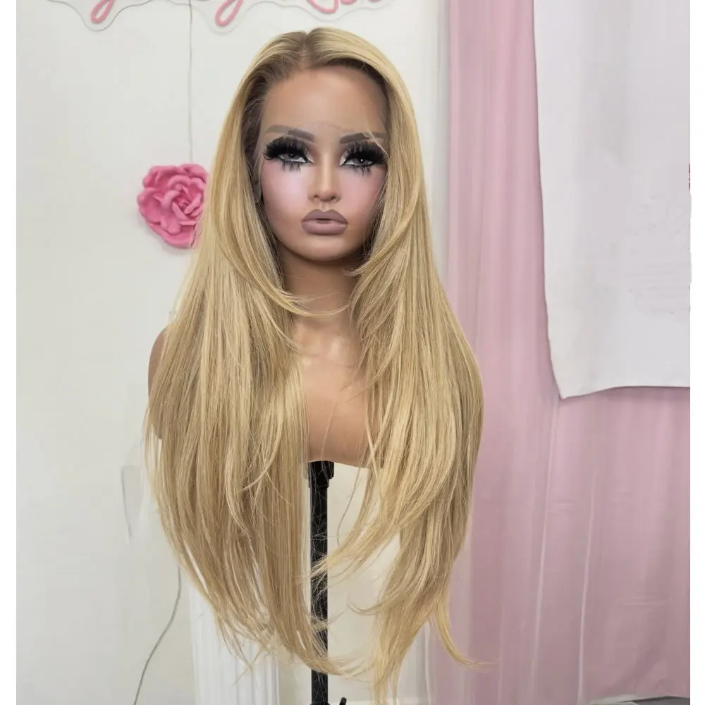 Ombre Blonde Full Lace Perücke aus Echthaar, transparente Spitze, natürlicher Haaransatz, lange, glatte, glatte, klebefreie, vorgezupfte 5*5 HD Lace Perücke – Detail 4