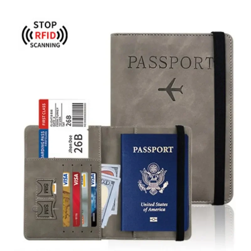 Capa para passaporte com bloqueio RFID, capa com slot para cartão de crédito, carteira de viagem de couro PU, porta-passaporte, protetor de manga