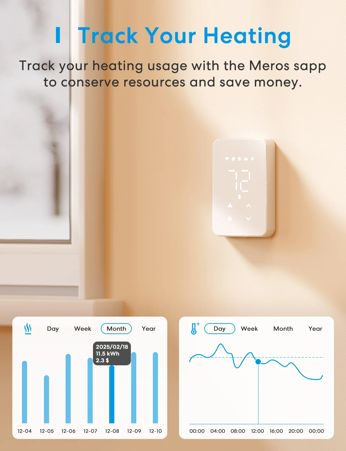 Meross Smart Wi-Fi Thermostat MTS215 US for Electric Baseboard Heater Energy Monitor Supported Work with Matter