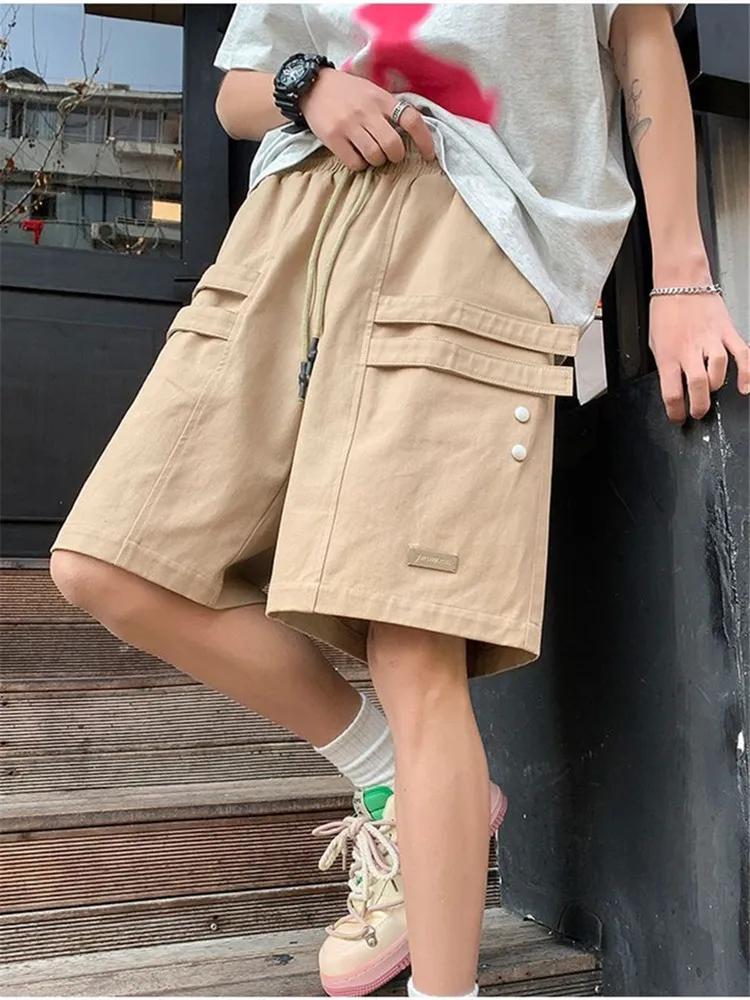 2024 Summer Men's Loose Straight Shorts New Casual Drawstring Cargo Shorts Streetwear Fashion Knee Length Short Homme Pants