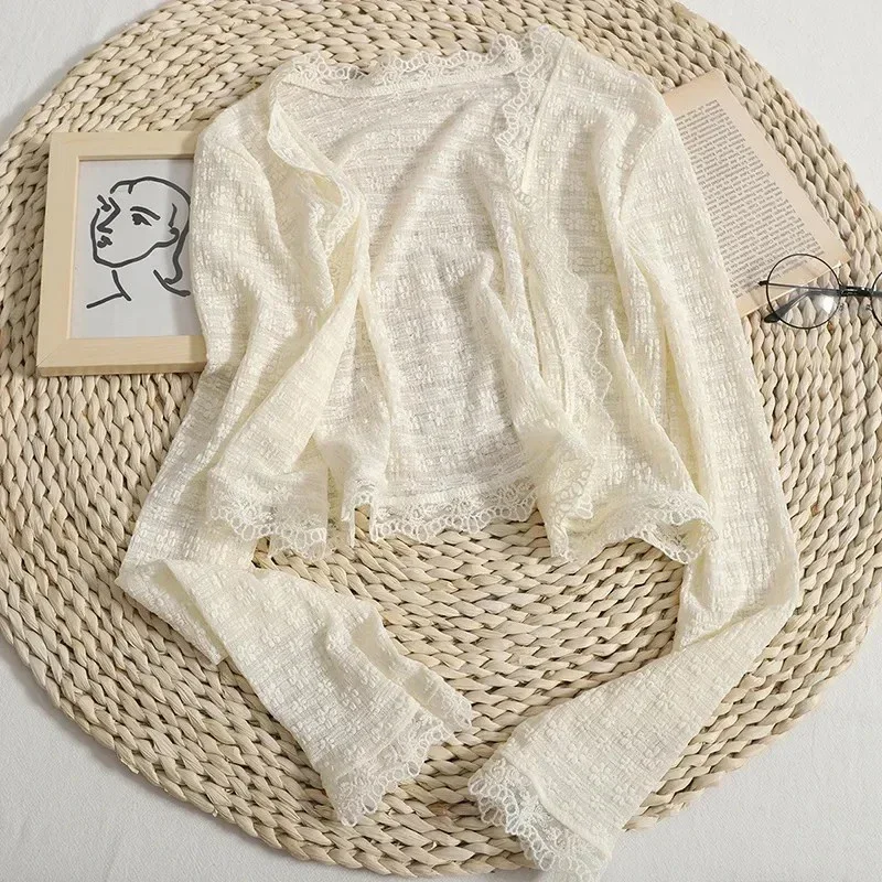 Bijgesneden roze kanten shirts damesmode pure witte blouses met lange mouwen zomer Koreaanse casual all-match tops