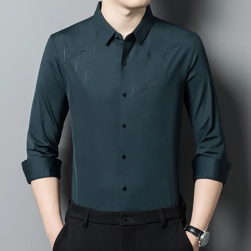 

High End Men's 100% Mulberry Silk Shirt Long Sleeved Business Casual Printing Non Iron Ice Silk Shirt for Men Tops Ropa De Mujer