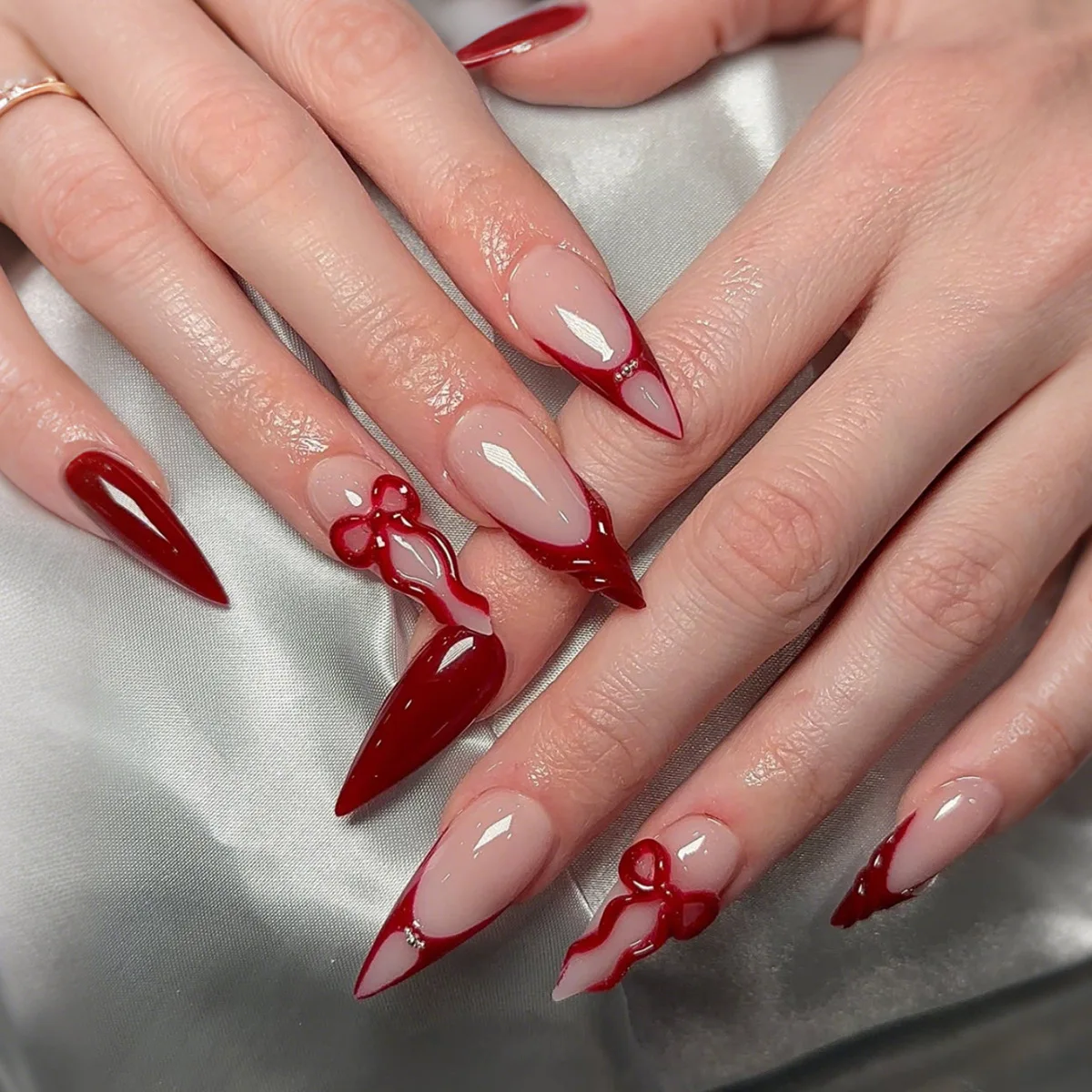 

24pcs 3D Red Bow Fake Nails Long Almond 3D Burgundy Press on Nail Valentine's Day Full Coverage Nail Tips for Women&Girl