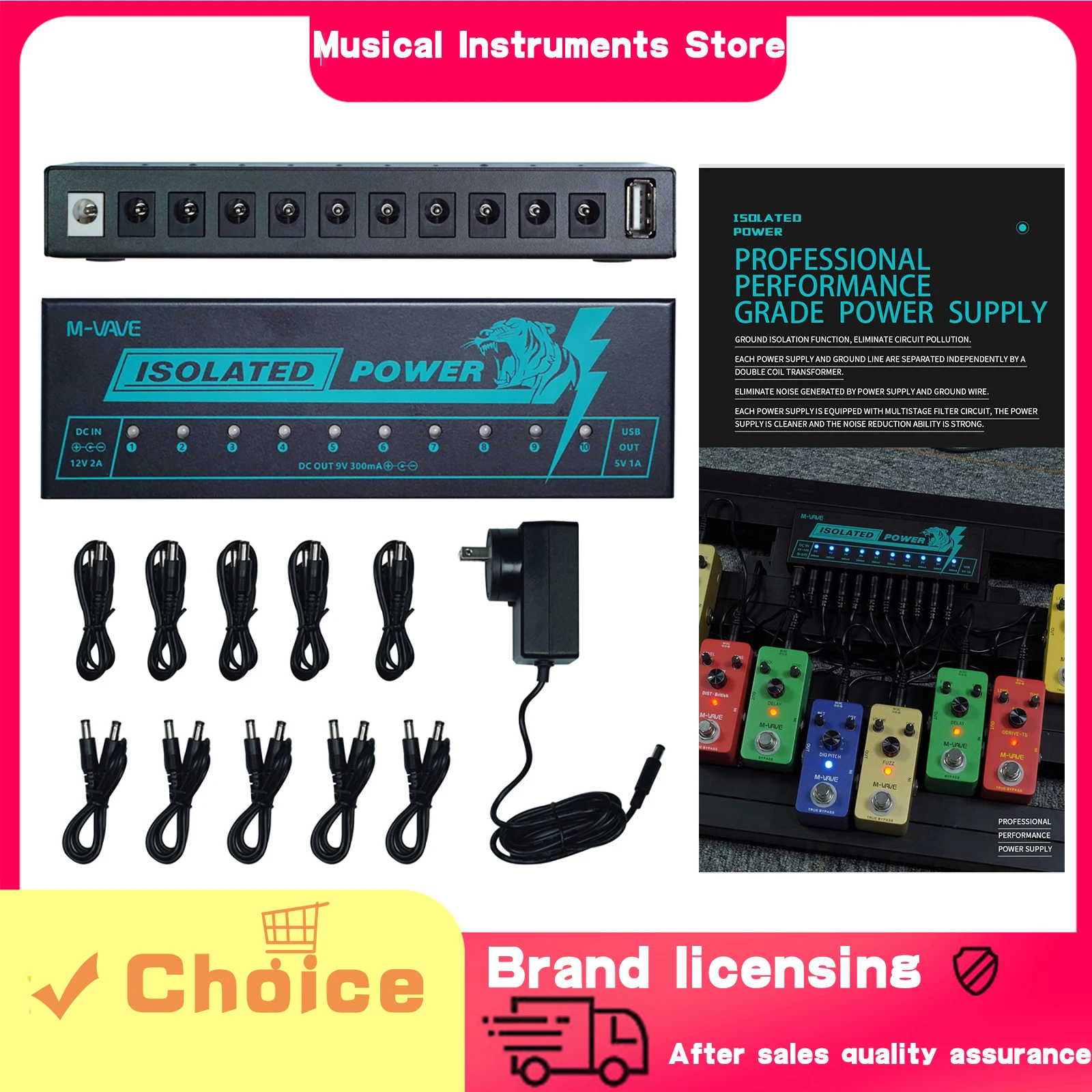 

M-VAVE электрогитара педаль эффектов блок питания 10 изолированных выходов постоянного тока 9 В 300 мА педальный источник питания аксессуары для гитары