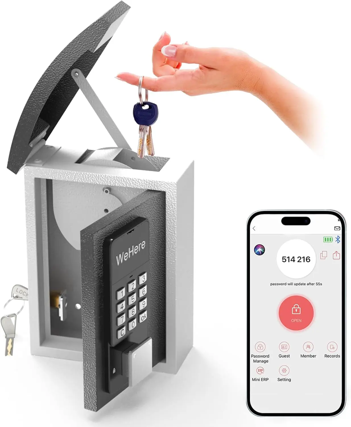 WeHere-Key Safe Box para Casa, Smart OTP App, Senha, Bluetooth, Desbloquear Keybox, Keybox Security Storage, Outdoor Security Management