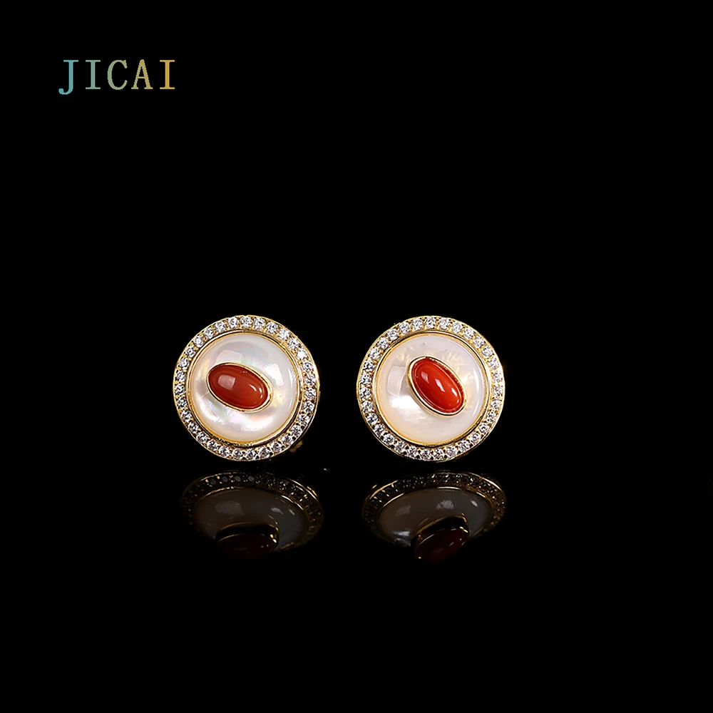 

JICAI S925 Silver Earrings For Women Jewelry Inlaid With fritillary Red Agate Simple Women's Fashion Stud Earrings