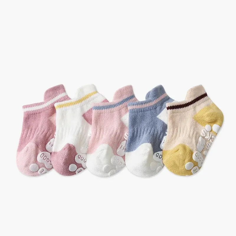 5Pairs/Lot Baby Anti Slip Socks Solid Stripe Girls Boys Newborn Kids Rubber Floor Sock Infant Cotton Mesh Socken For 0-5Years