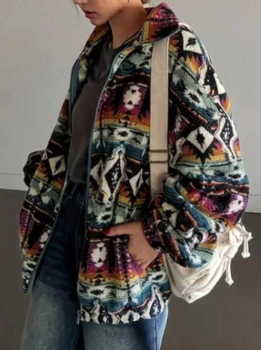 Giacca da donna Autunno e inverno Nuovo popolare casual caldo stile etnico stampato giacca con cerniera in peluche Giacca retrò alla moda