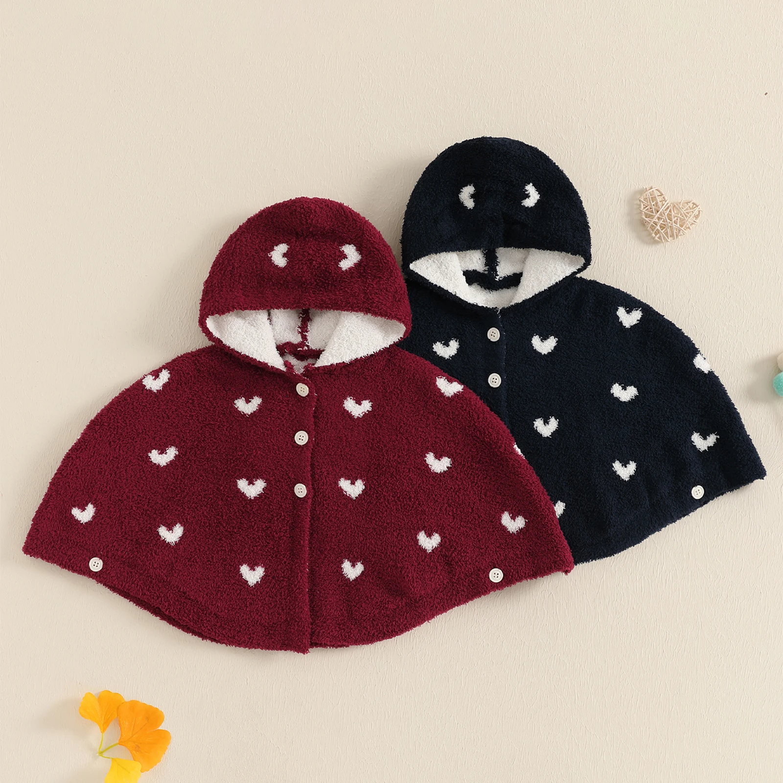 Newborn Baby Girls Winter Ponchos with Hood Love Heart Pattern Botton Down Cozy Warm Fleece Coats Warm Outwear for 0-2Years