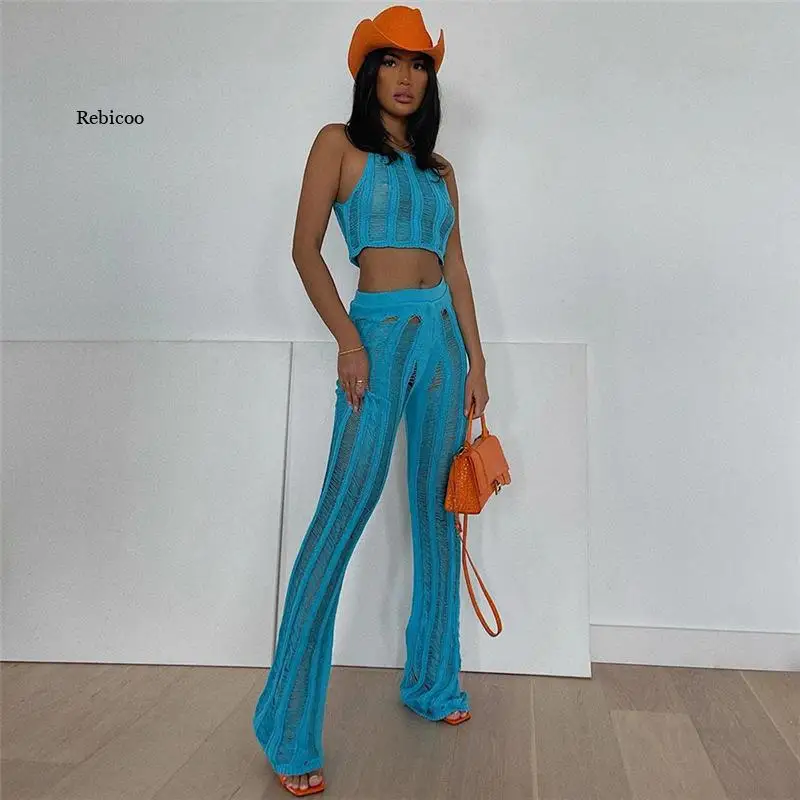 Women Tracksuit Fashion Sexy See Through Crop Top and Flare Pants Two Piece Set Female Streetwear Activewear Suit