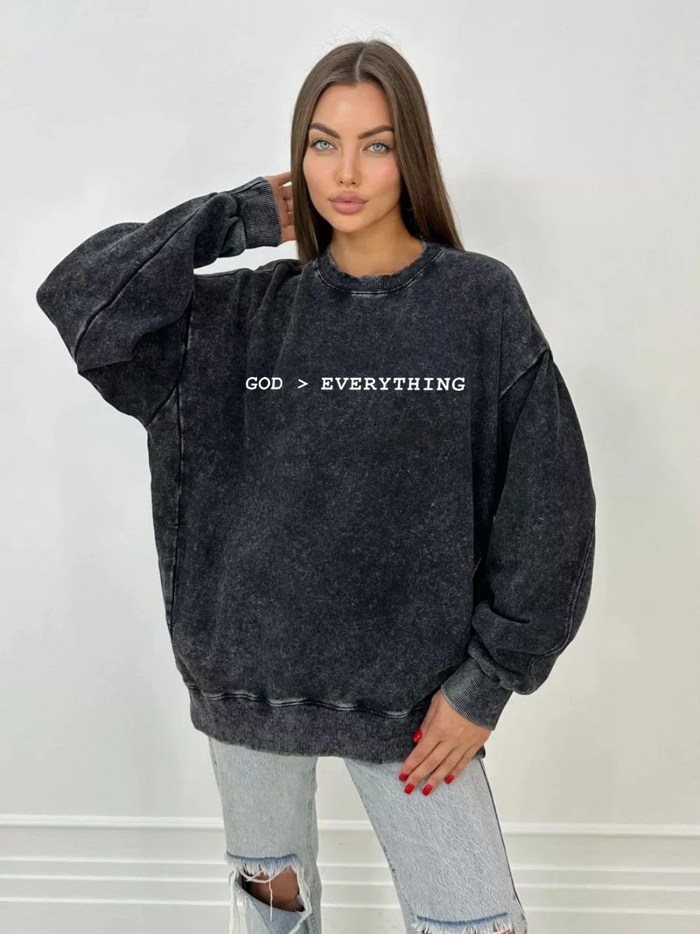 Fashion Woman Washed Sweatshirt God Is Greater Than Everything Prints Hoodie Oversize Cotton Street Pullover Female Casual Tops