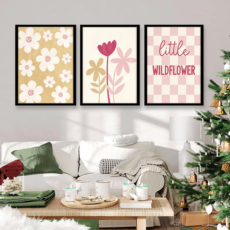 Boho Little Wildflower Canvas Wall Art Setn Pink Checkerboard Pastel Floral Poster for Girls Nursery Bedroom Wall Art Gift