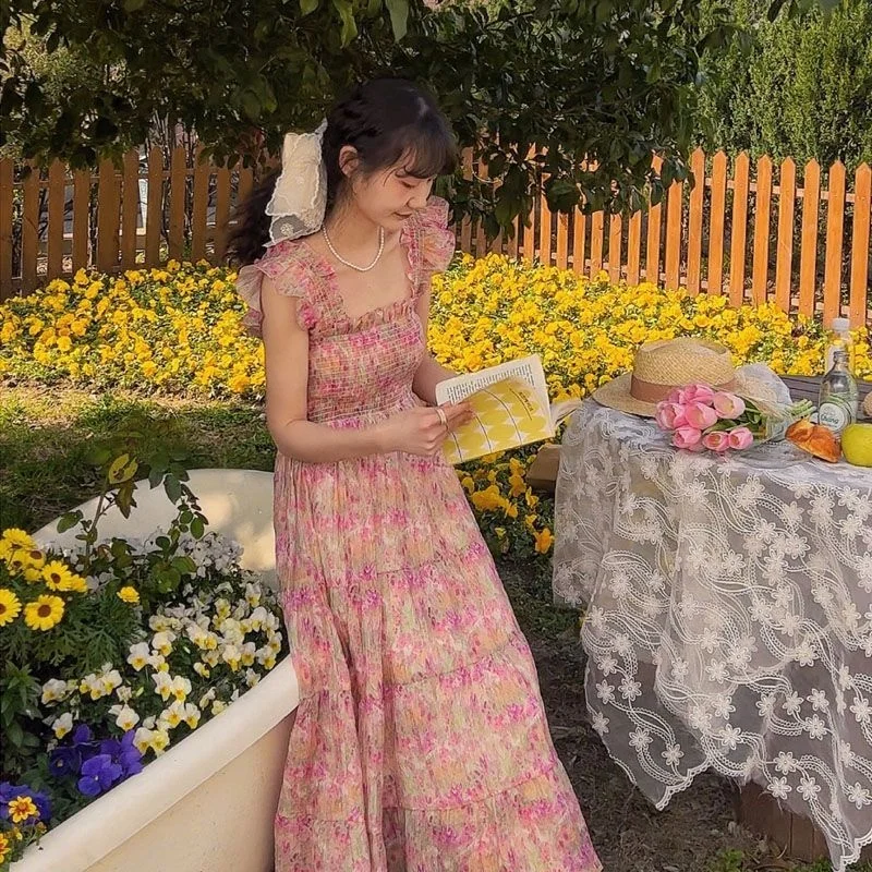 

Floral Print Slim Fit Long Dress Fairy Skirt Three Quarter Sleeve City Walk Elegant Fashionable Summer New Style Women's Dress