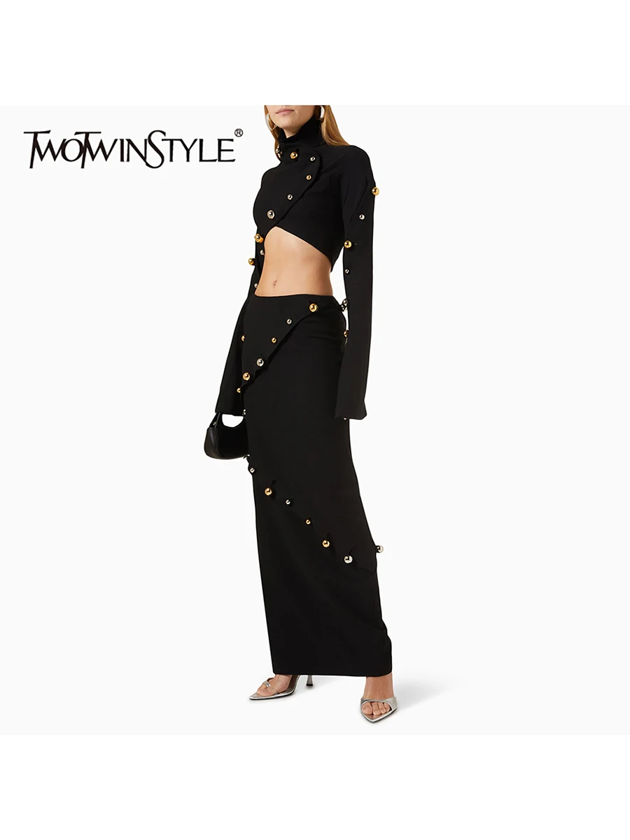

TWOTWINSTYLE Slimming Spliced Bead Two Piece Sets for Women Stand Neck Long Sleeves Top High Waist Skirt Fashion Set Female New