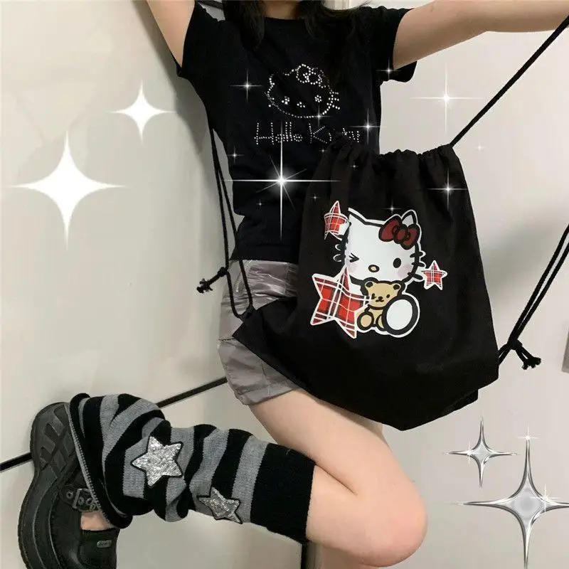 New Kawaii Cute Sanrio Hellokitty Bag Double Shoulder Canvas Bag Drawstring Bag Cartoon Cute Birthday Gifts Girlfriend Gifts