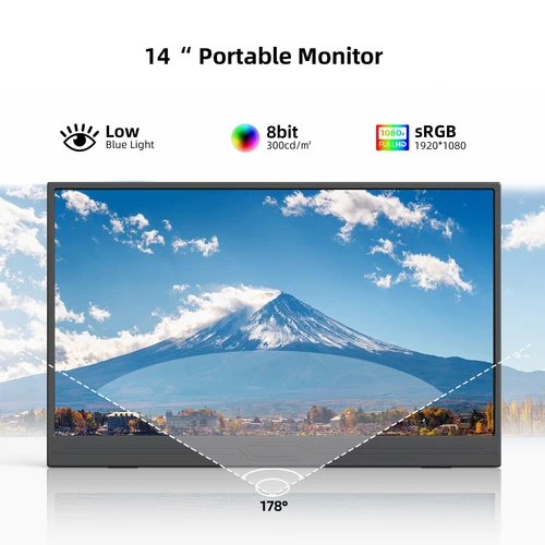 Imagen 2 del producto Monitor portátil de 14 pulgadas, 1920x1080, 400cd/m2, 60HZ, 16: 9 para ordenador portátil, XBox, PS4/5 interruptor, teléfono móvil, extensión de ordenador, oficina