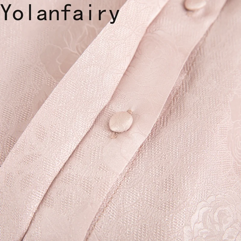 YOLANFAIRY New 100% Natural Mulberry Silk Shirt Woman Jacquard Long Sleeve Tops Breathable Shirts Damen Elegant Women Pink Shirt