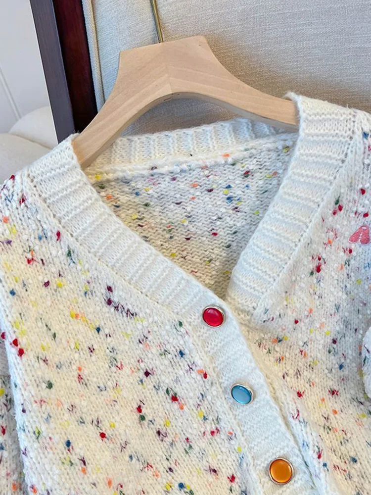 Jmprs Chic Rainbow Dot Cardigan Sweaters Women Sweet Fashion Long Sleeve Korean Knitted Coat Casual Lazy Wind Loose V Neck Tops