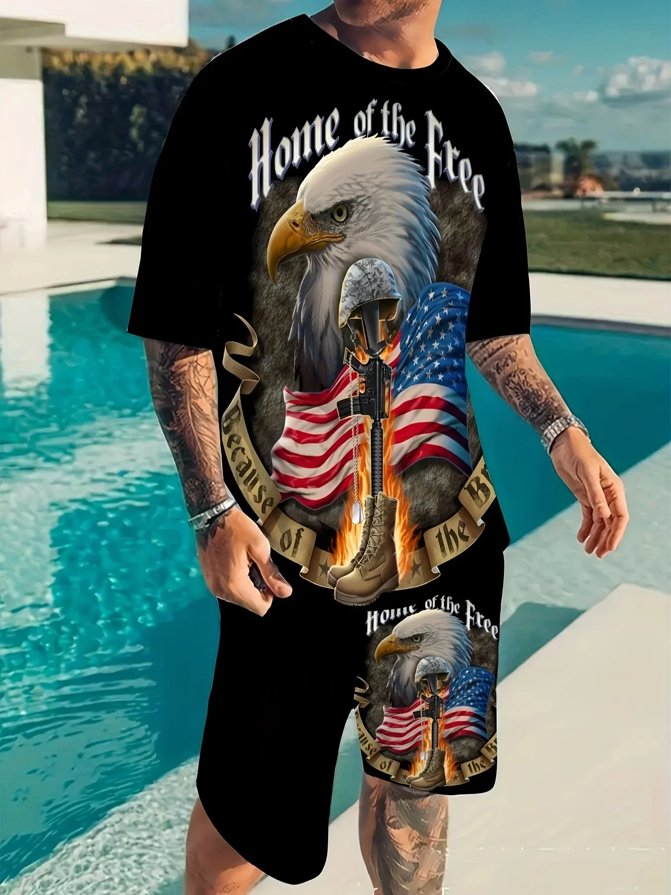 

Summer Hot Men's T-shirt+Shorts Set Eagle USA Flag 3D Print Trunks Leisure Fashion T-Shirt Shorts Suits