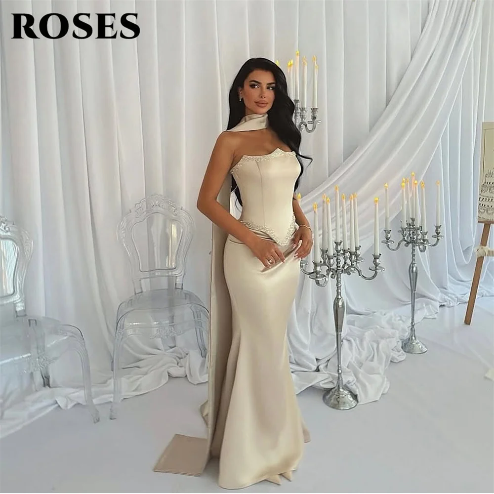 

ROSES Champagne Satin Prom Dresses Strapless Evening Dresses Fitted Mermaid Party Dress with Ribbon Robe De Soirée Customized