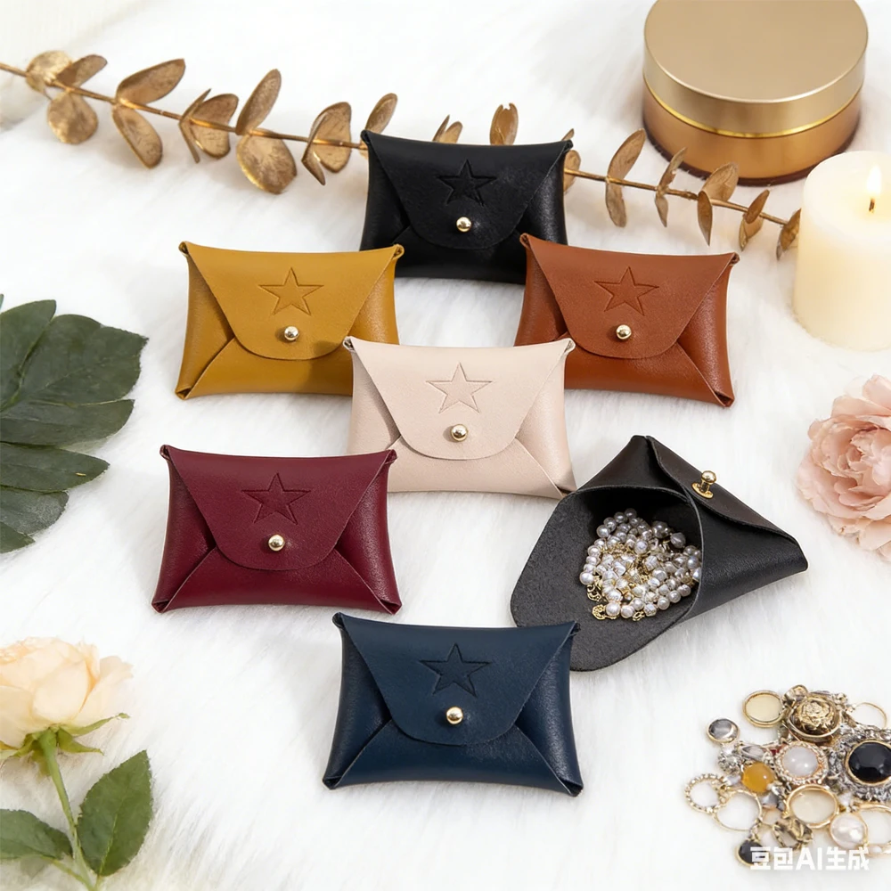 

50-pack New Style PU Leather Jewelry Storage Bag 7x5cm Custom Logo Fashion Earrings Necklace Buckle Jewellry Packaging Snap Bags