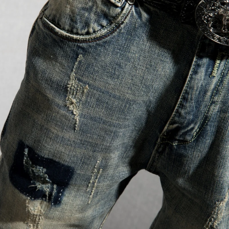 2024New Retro Biker's Denim Shorts Men's Nostalgic Hole & Patch Slim Fit Straight Trend Personality Summer Pirate Shorts