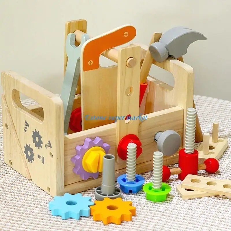 090B Toddlers Carpenter Repairing Tool Set Realistic Wooden Toolbox Learning Toy Kids Pretend Game Set Activity Toy Xmas Gift