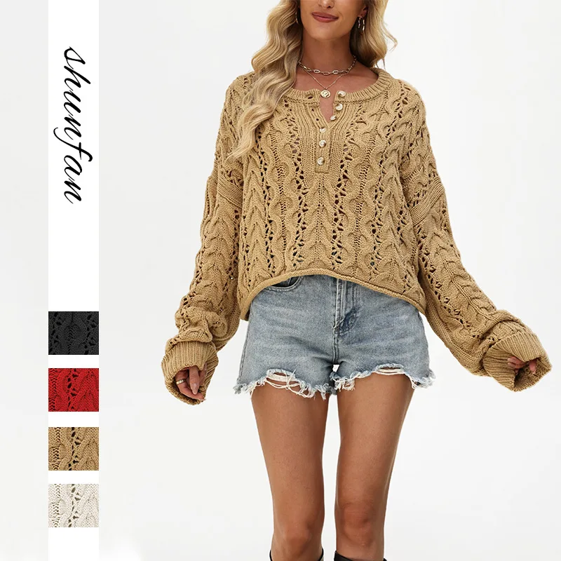 

European Style 2025 New Arrival Women Pullover O-neck Long Sleeve Hollow Out Design Loose Casual Short Knitted Sweater Y06