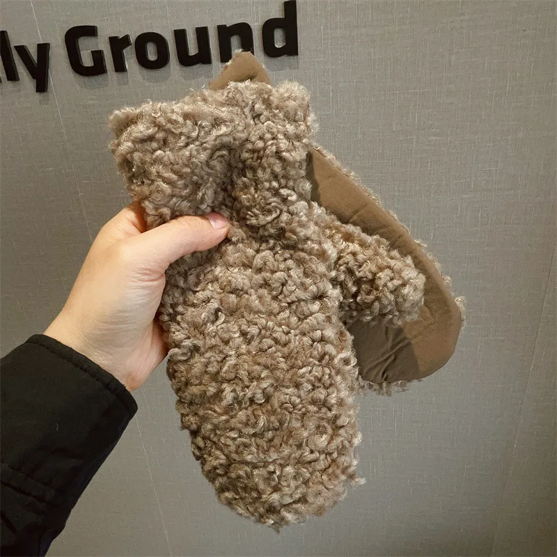 

Gloves Women Teddy Fleece Lined Mitten Style Winter Warm Solid Cute Korean One Size