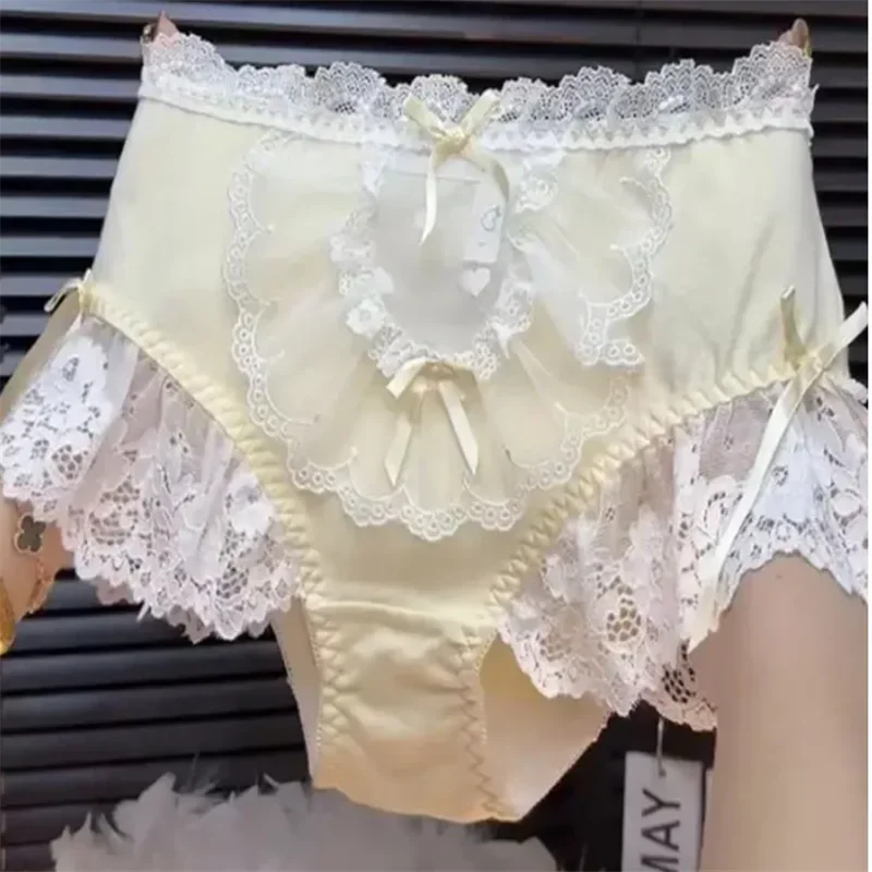 Oversized 95kg French Princess Lolita Triangle Panties Lace Bow Hollow Fairy Briefs High Waist Sweet Sexy Girls Underwear New