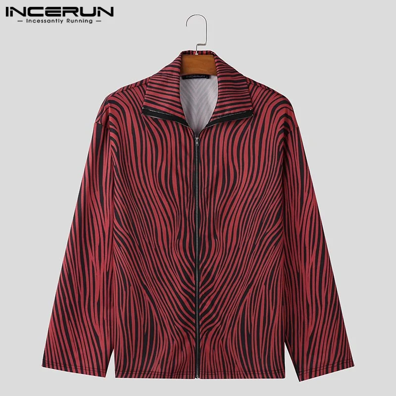 Handsome Well Fitting Tops INCERUN Men Fashion Abstract Print Line Zipper Sweatshirts Streetwear Male Long Sleeved Sweaters 2024