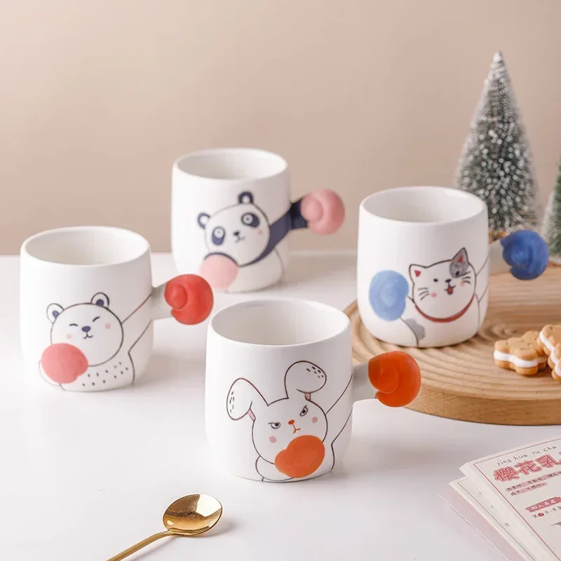 Cute Boxing Cat Ceramic Mug,Cartoon Breakfast Milk Juice Cups,Panda Coffee Mugs,Fun Holiday Gift Tea Cup,Couple Kawaii Water Cup