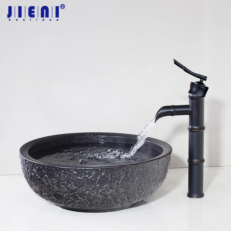 JIENI Black Bathroom Bowl Sink Ceramic Washbasin Handpainting  Lavatory Bath Basin Combine with Brass Hot Cold Faucet Mixer Tap