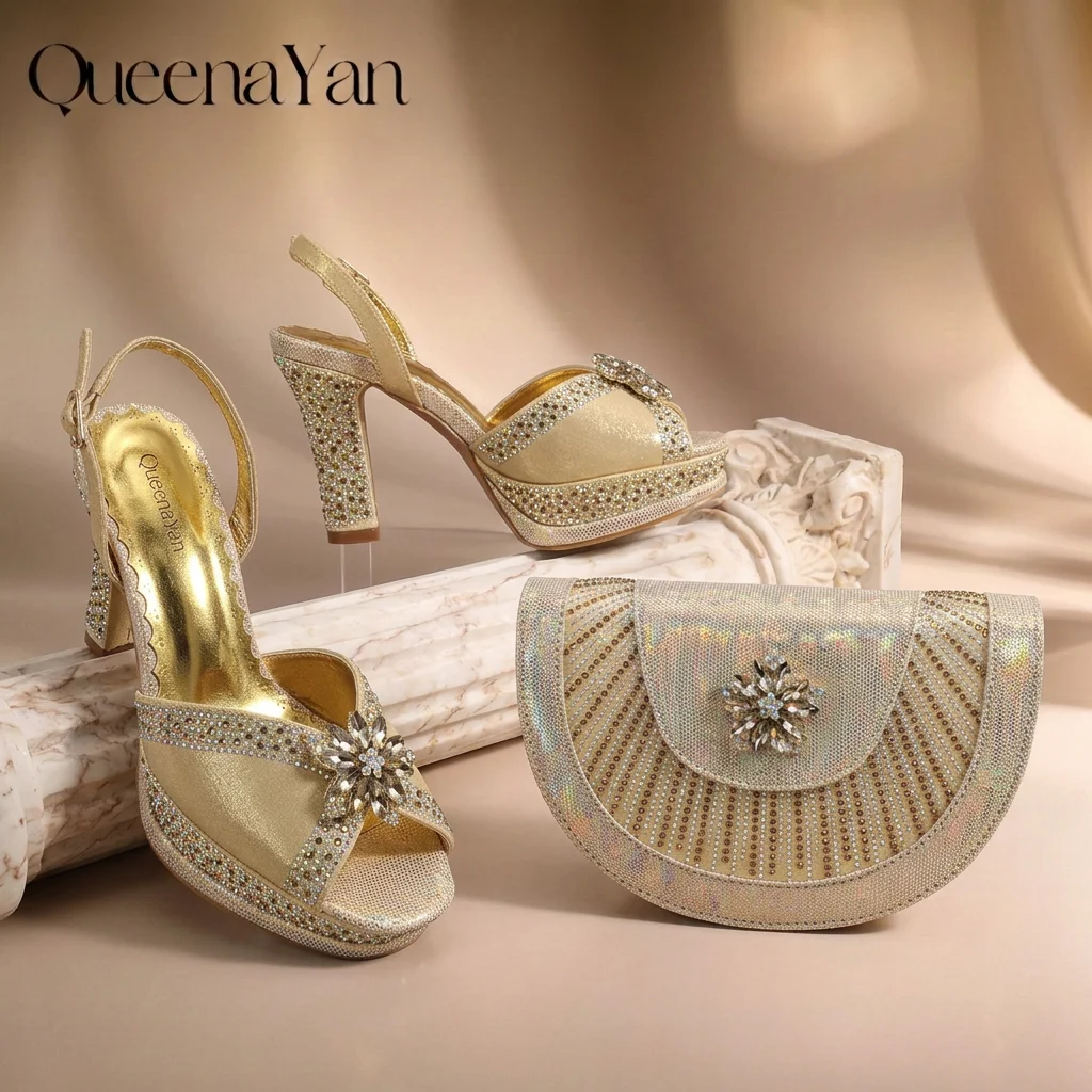 Italian Design Plus Size Women High Heels & Bag Set Hand Crafted Upper Rhinestone Pointed Pumps Elegant Bridal Shoes for Wedding