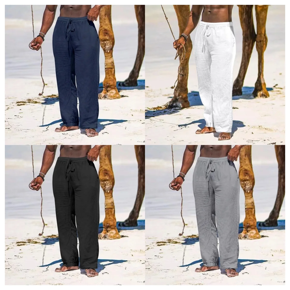 الرجال السراويل الطويلة غير رسمية الصيف فضفاضة تنفس بناطيل الشواطئ بلون الرباط مرونة الخصر الذكور السراويل #1