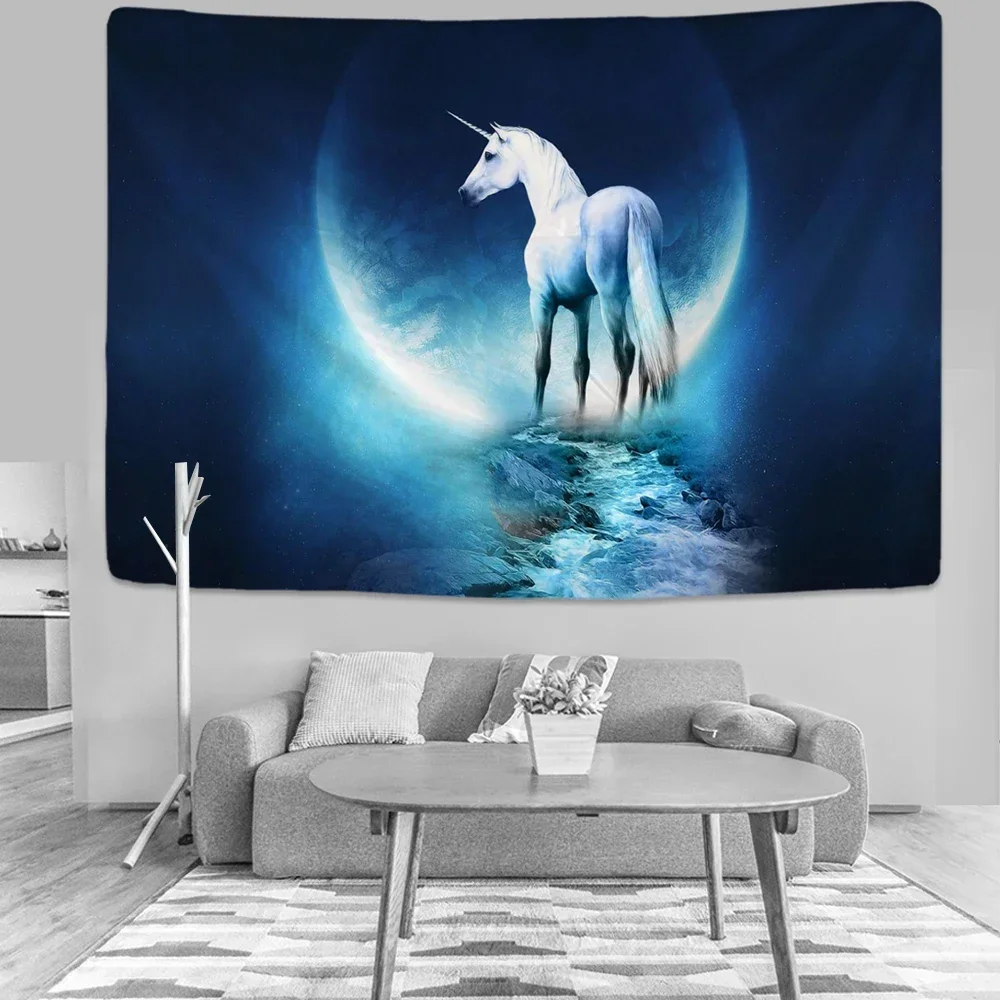 

White Horse Tapestries Unicorn Home Office Decor Sofa Rug Forest Scenery Living Room Wall Hanging Tapestry Birthday Party