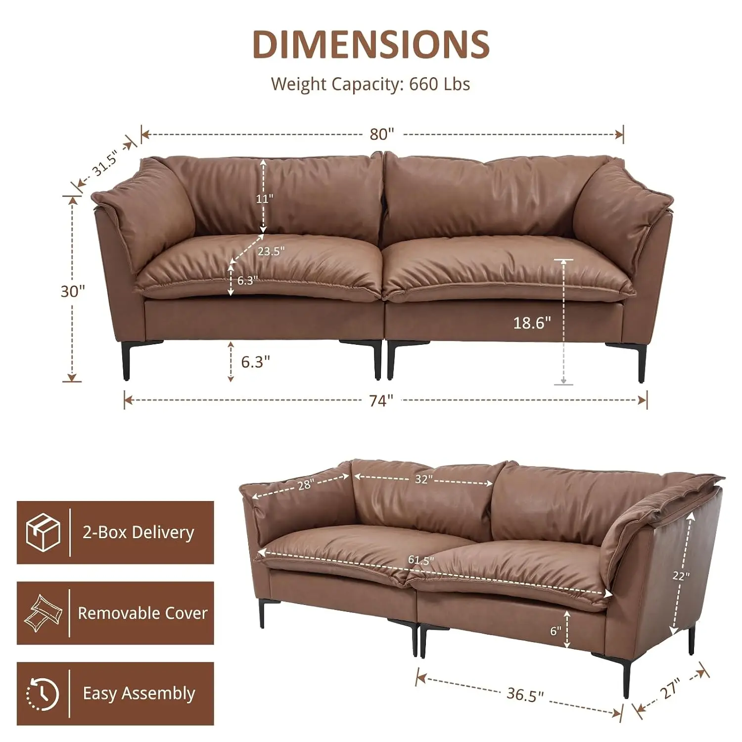 Industrial Loveseat Removable Cover PU Leather Cloud Sofa Metal Legs 2 Seater Bedroom Living Room Office Brown, Customized