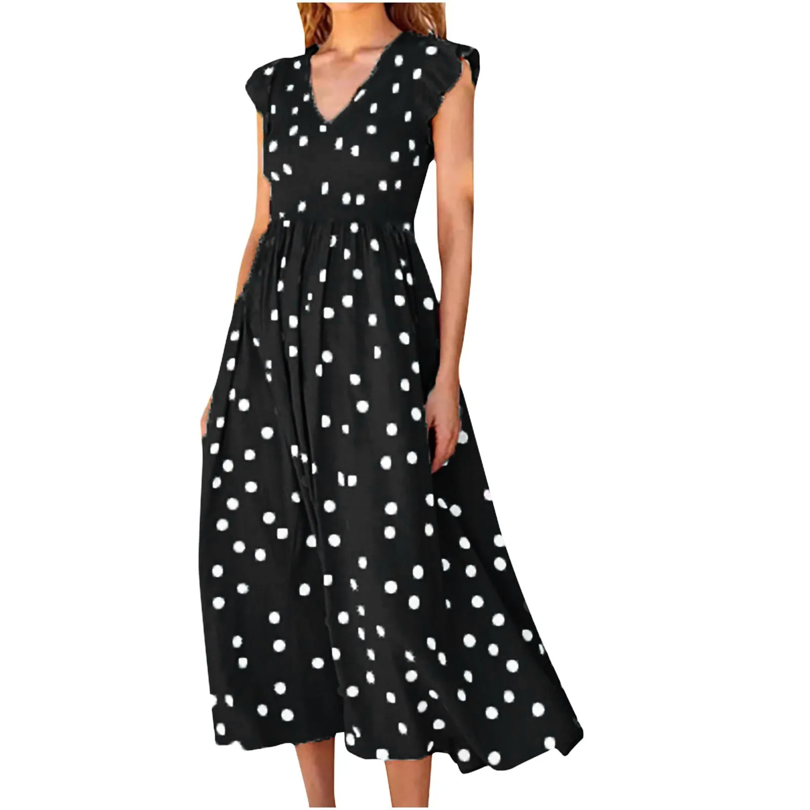 

Casual Polka Dot Dresses Retro Short Sleeve V-Neck Mid-Calf Dresses Waist Tunic Loose Summer Dress Robe Femmes