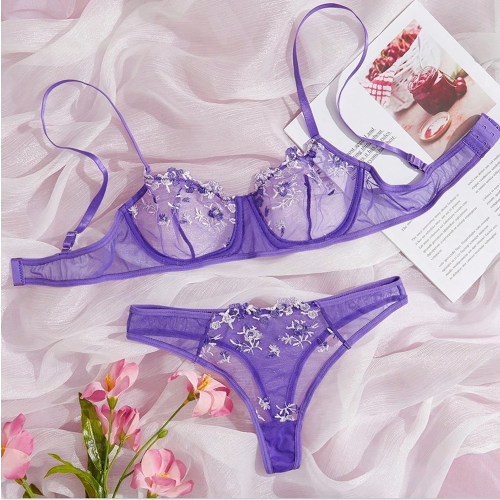 Transperant Lingerie Set Women Mesh Net Sexi Lenceria Sensual Mujer Bra Sets Embroidery Floral Underwired Bielizna Erotyczna