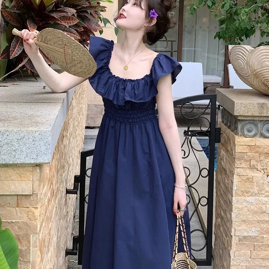 

Gagarich 2024 Deep Blue Ruffled Round Neck Dress Women Korean Summer New High-end Feeling Slim Waist Fairy Long Sweet Vestidos