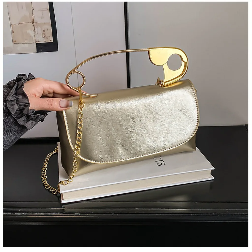 Safety Pin Handle Bag Modern Multi-Way Crossbody Bag Pu Leather Handbag Golden Rectangular Fashion Bag For Daily Outings