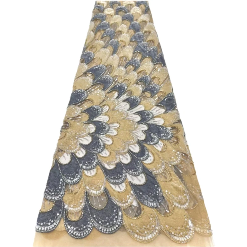 Sage Green Nigerian DIY Handmade Stitching Embroidery Velvet Beaded Lace African Sequins Lace Fabric For Evening Wedding Dress