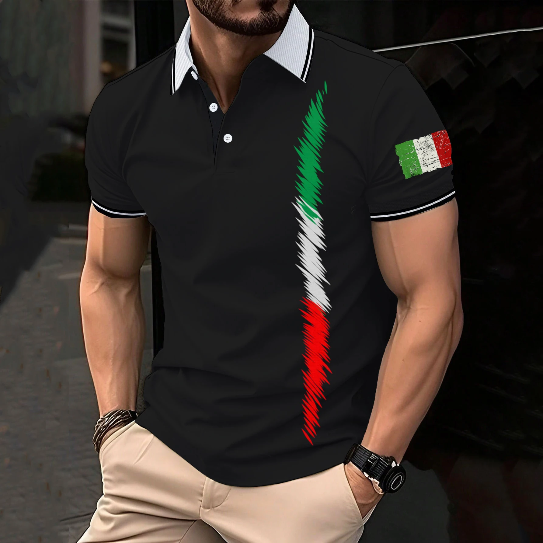 Business Casual Men\'s Polo T Shirt Flag Print Summer Short Sleeve Mexican T-Shirt Cardigan Top Street Male Oversized Clothing