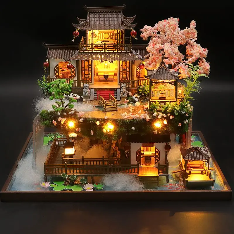 

DIY Wooden Chinese Ancient Casa Miniature Building Kits Bookend With Lights Assembled Bookshelf Home Decoration Friends Gifts