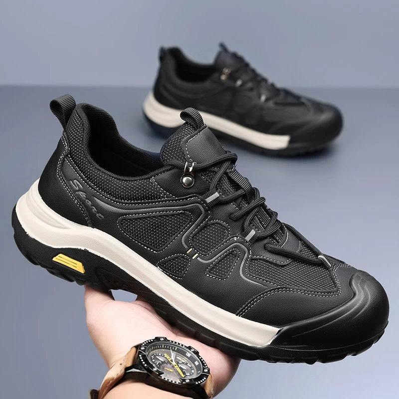 Zapatos de cuero negros recién llegados de otoño para hombre, zapatillas elegantes transpirables de suela gruesa, informales y deportivas, versátiles y ligeras